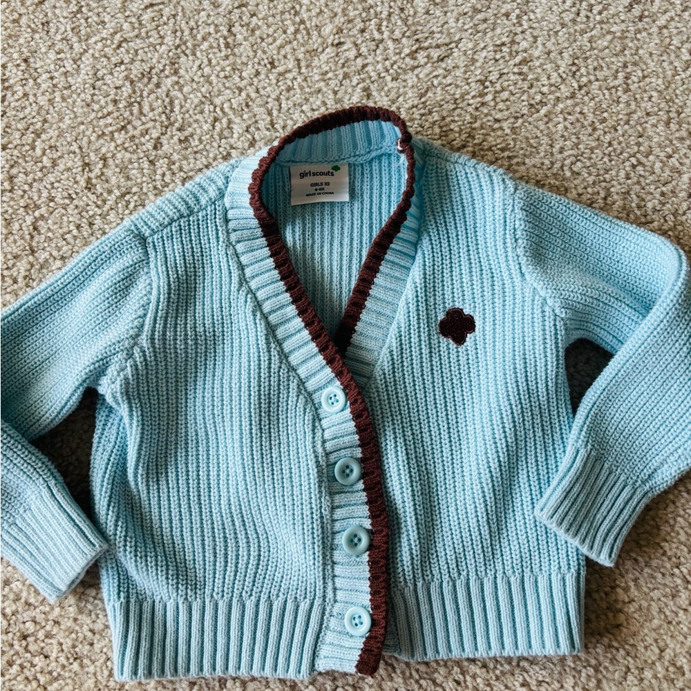 Girl Scouts Brownie Light Blue Relaxed Cardigan with Brown Trim
